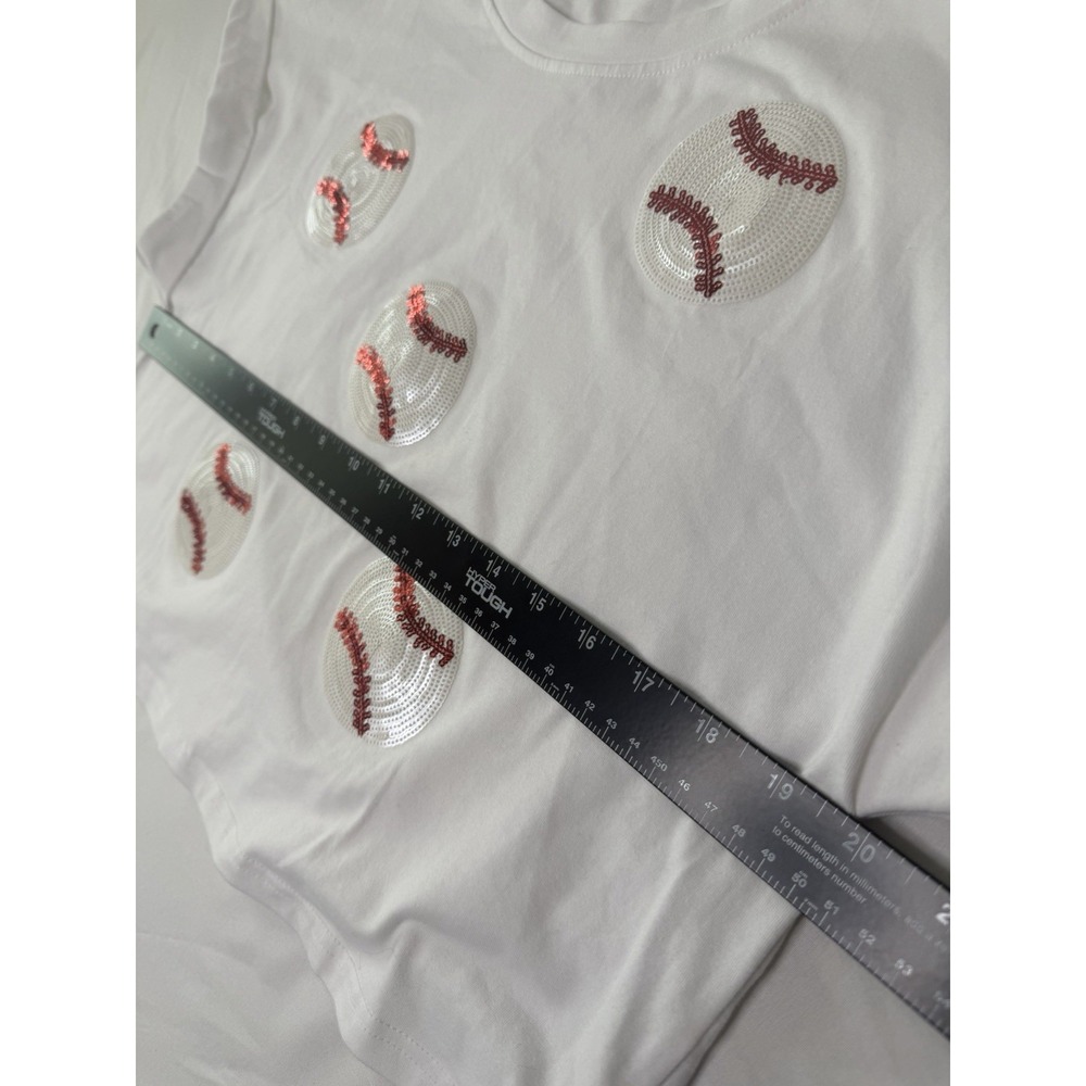 Womens Large White Crop Top Sequin Baseball Graphic Tee Short Sleeve Casual - Picture 6 of 7
